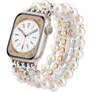 VISOOM Beaded Bracelet Compatible for Apple Watch Band 42mm/44mm/45mm/46mm Series11 10 9 8 7 Se(3 2 1) Series 6/5/4 Women Fashion Cute Handmade Stretchy Watch Strap for iWatch Bands Series 3/2/1 (C-Pearl Gold)