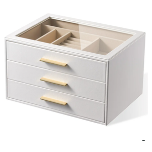 pickpiff Jewelry Box Organizer Case for Women: 3-Layer Jewelry Storage Case with Glass Window, Pure White Leather with Velvet Holder for Ring Necklace Bracelet Brooch Watch, Great Gift for Her
