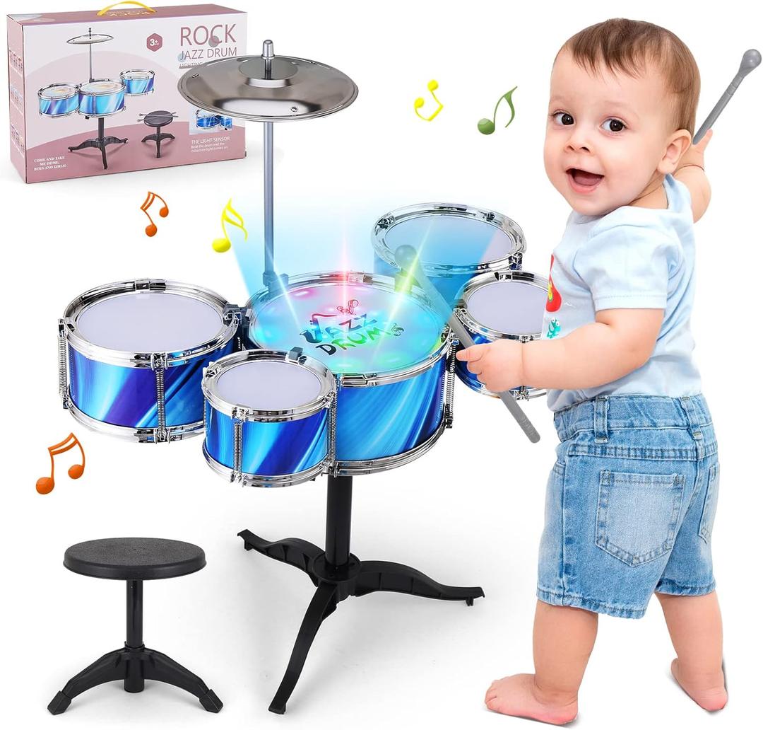 Kids Drum Set for Toddlers (15-Piece), Drum Set for Kids Age 3-5, Musical Toys for Boys Girls, Birthday for Kids, Drum Kit Instrument for Beginner Music Practice w/ 4 Lights