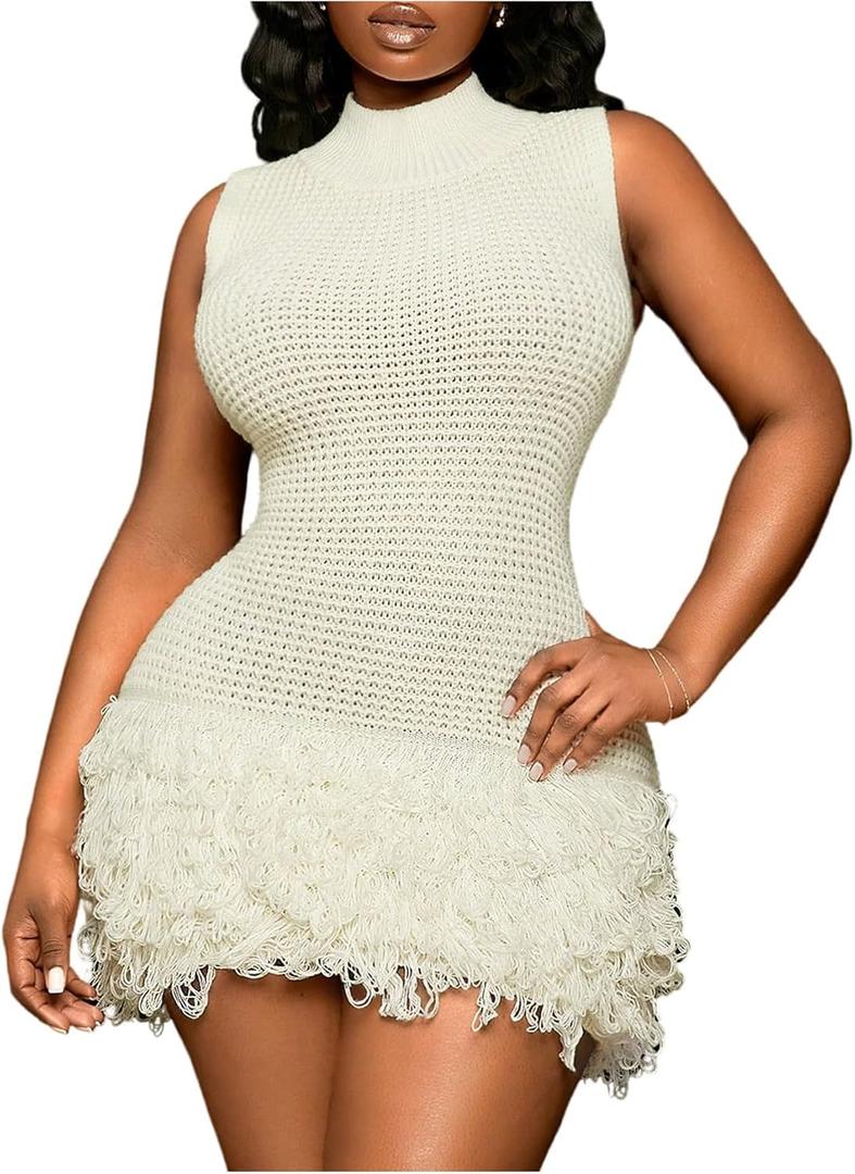 MakeMeChic Women's Plus Size Summer Mini Dress Crochet Fringe Sleeveless Mock Neck Dresses White Large Plus