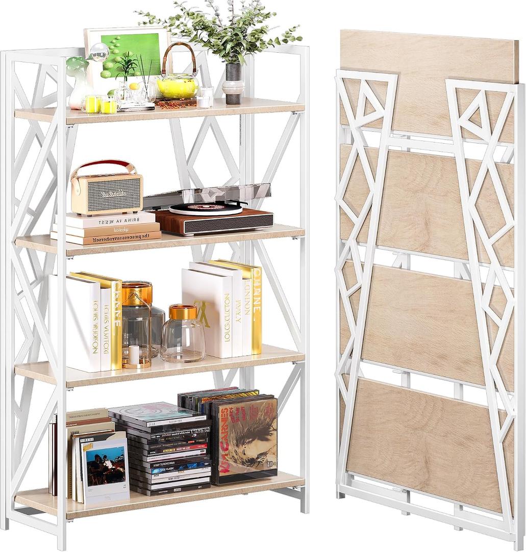 UDD No Assembly Wide Folding Bookshelf, 50.8" H x 30.9" W, 4 Tier Foldable Book Shelf Industrial Bookcase, Vintage Collapsible Storage Shelves for Home Office Living Room Bedroom, Light Oak White