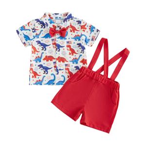 Dewadbow Baby Boy 4th of July Outfit Patriotic Dinosaur Short Sleeve Gentleman Button Up Shirt Suspender Shorts Toddler Suit (Red, 6-12 Months) (White)