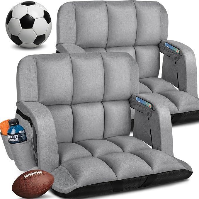 Stadium Seats with Back Support 2 Pack, 12-Grid Ergonomic 4.7" Thick Bleacher Chairs for All-Day Comfort, 6 Reclining Positions, Portable Extra Wide Adjustable Stadium Chair for Football & Baseball, 350lb
