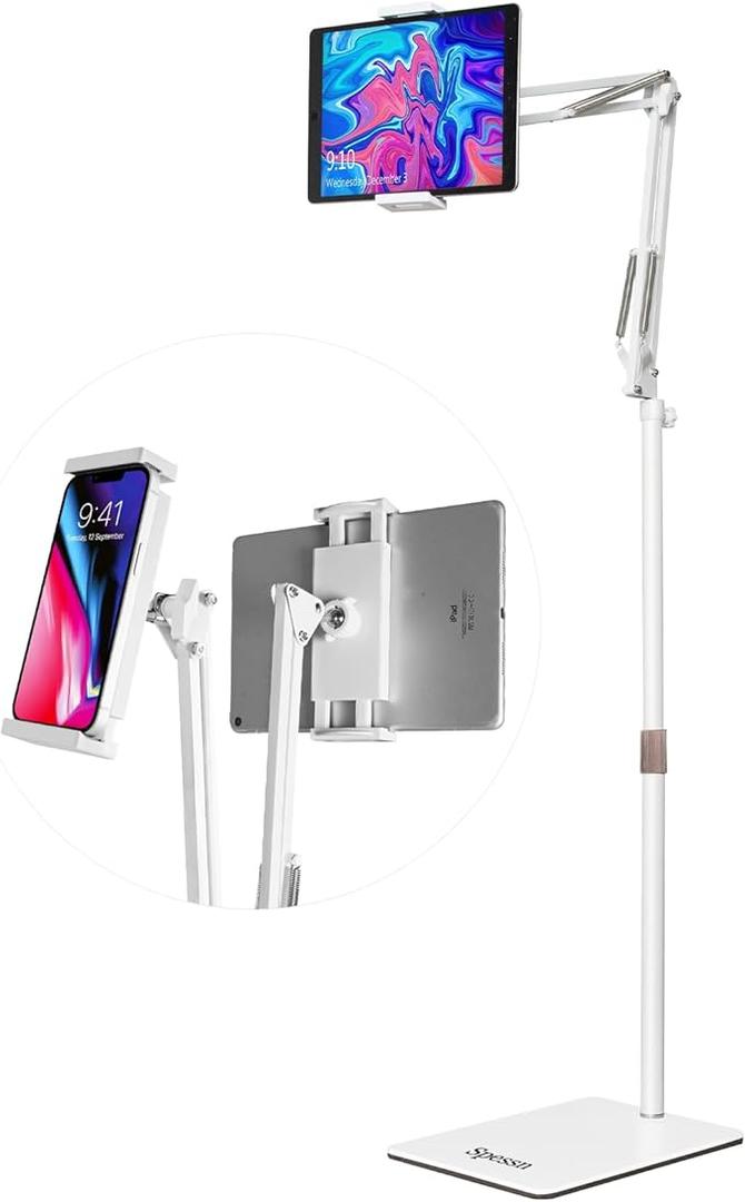 Tablet Floor Stand, Overhead Bed Phone Mount, Height Adjustable Universal Metal Tablet Holder, Phone Stand Compatible with iPad/iPhoneX/iPad Pro Phone, Kindle, 4.5-12.9", Light White 