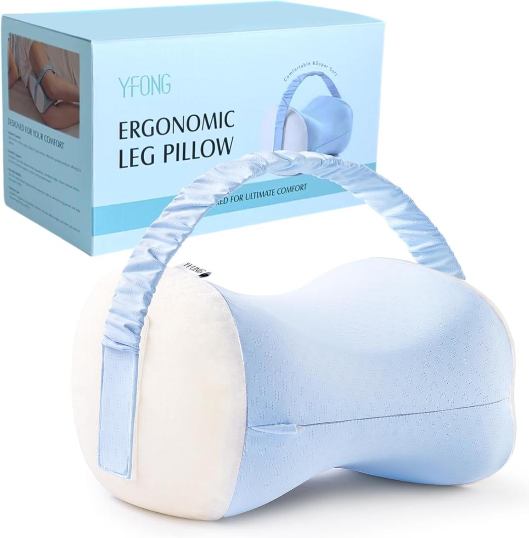 YFONG Knee Pillow for Side Sleepers, Breathable Memory Foam Leg Pillow with Adjustable Strap for Pregnancy, Spine Alignment, Back, Hips, Knees, Joints, Sciatica, Pressure Relief, Blue