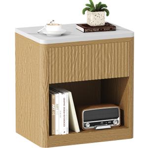 Yusong Night Stand, Wood Fluted Nightstand, 22" Large Bedside Table End Table with Faux Marble Wood Top, Modern Night Stands with Drawer Storage for Bedroom Living Room, Natural Oak