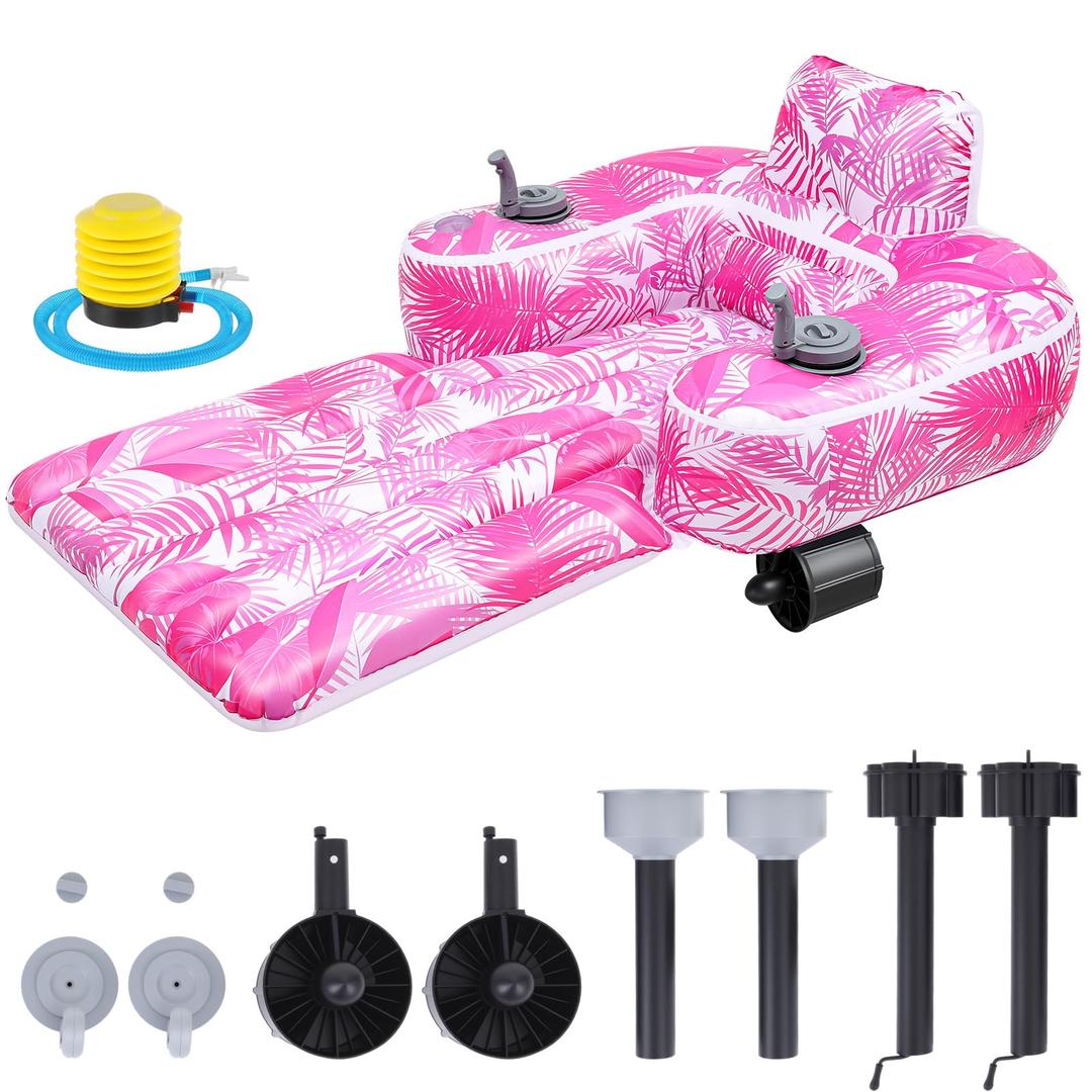 ShinyRelief Motorized Pool Float for Adults, Inflatable Pool Lounger with Built in Dual Motor, Cup Holders, Backrest, Foot Pump for Lake, Beach, Summer Party(Leaves,Pink)