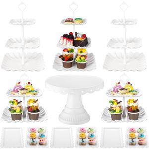 12 Pcs Dessert Cupcake Stand Holder, Cake Table Display Set Include 5 Cupcake Stand Tiered Tower 1 Cake Holder 6 Serving Tray Combo for Tea Party Birthday Baby Shower Wedding(White,White)