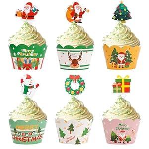 Christmas Cupcake Toppers Wrappers, Christmas Cake Toppers 24PCS Snowman Santa Claus Wreath Reindeer Gift Box Xmas Cake Decorations for Hand Cake Merry Xmas Birthday Party Supplies Favors