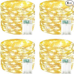 4 Pack 60 LED Fairy Lights Battery Operated with Timer, 20FT Waterproof Twinkle Lights Indoor Outdoor, Cuttable String Lights for Bedroom, Wedding, DIY, Centerpiece, Christmas Decorations (Warm White)