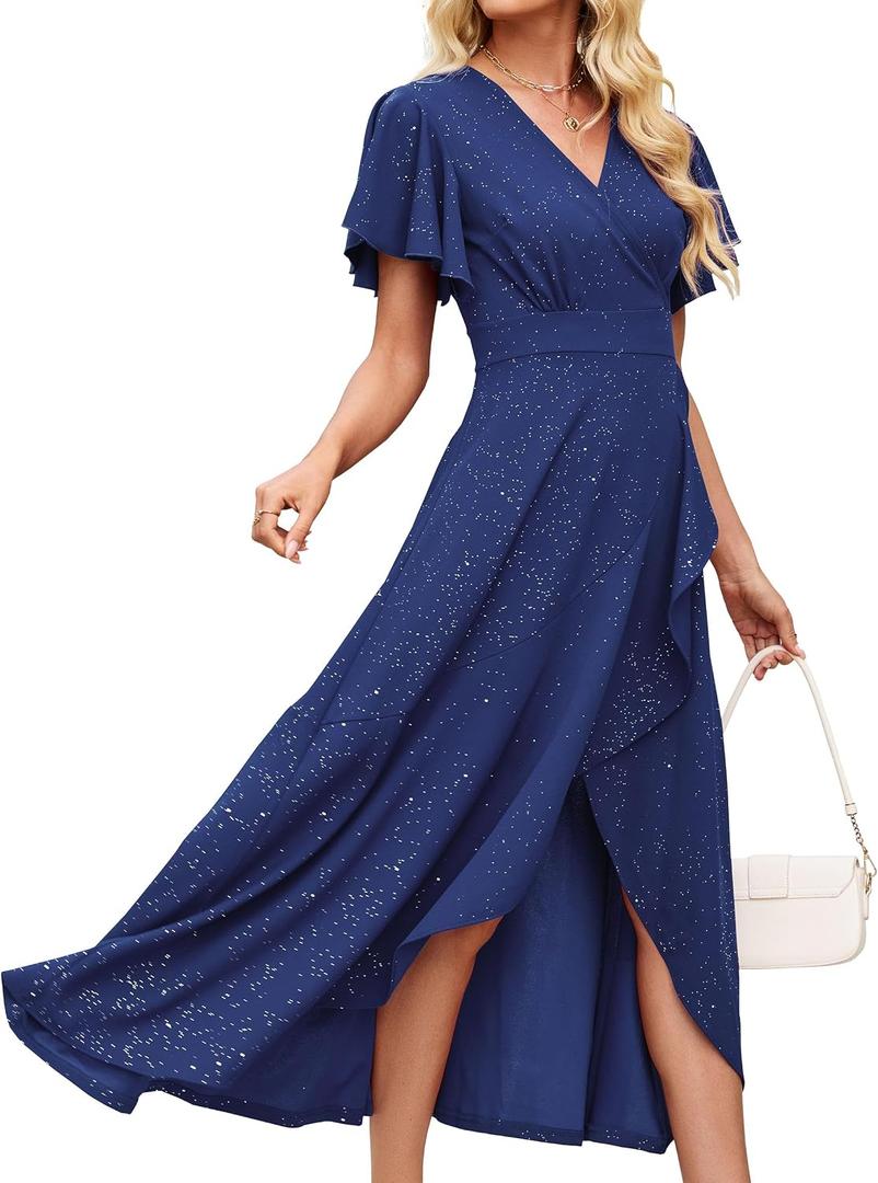 Long Black Formal Dresses for Women Gowns Evening Party Cocktail Dress,Split Elegant V Neck Wrap Ruffle Wedding Guest Dresses, M