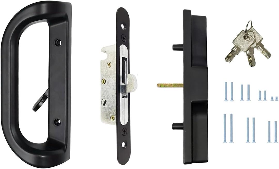 Sliding Patio Door Handle Set with Key Cylinder and Mortise Lock Fits 3-15/16 Screw Hole Spacing, Sliding Glass Door Latch Lock Replacement Part Fits Door Thickness from 1 in to 1.75 in (Black)