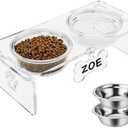 Clear Acrylic Elevated Dog Bowls with Writable Name Signs - 2×32oz Thick Glass & 2×Stainless Steel Bowls, 5.5" Height Raised Pet Feeder Stand, Food and Water Bowl Set for Medium Dogs
