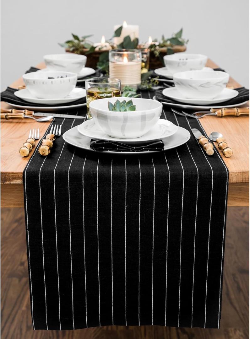 Solino Home Linen Table Runner 60 Inches - Pinstripe 100% Pure Linen Black and White Farmhouse Table Runner 14 x 60 Inch Ideal for Dresser and Coffee Tables - Spring