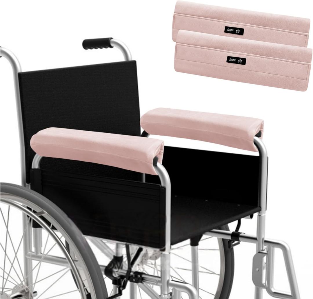 SPRING SEAON Wheelchair Armrest Covers (Pair) - Suede Velvet Memory Foam Accessories Pads for Wheelchair Arm Rest, Office Transport Chairs, Soft Support Cushion for Mobility Aids (Pink)