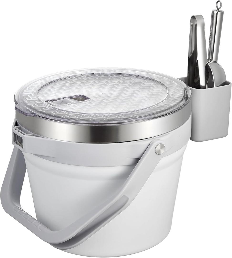 COKTIK 7L Vacuum Insulated Ice Bucket with Lid and Scoop& TongsLarge capacity Stainless Steel Beverage Bucket for Cocktail, Champagne, Wine, BeerLarge PartiesMilk White Suit