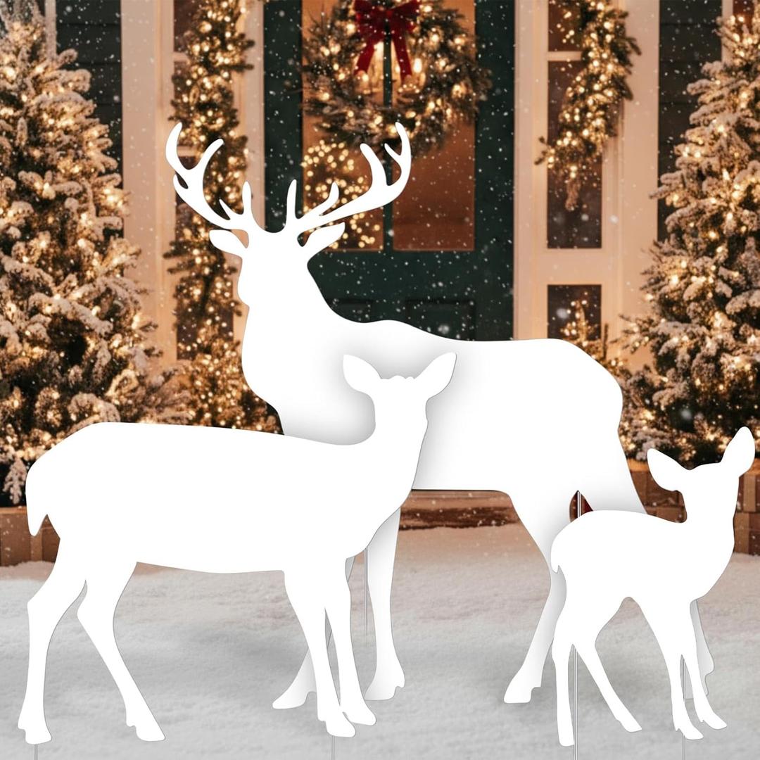 3-Piece Deer Family Silhouette Set 47 Inch Christmas Reindeer Yard Decoration Outdoor Weather-Resistant PVC Xmas Deer Outside Decor for Lawn Garden Pathway Display with 6 Ground Stakes