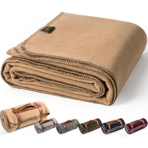 Merino Wool Blend Camping Blanket Ultra Warm, Moisture Wicking, Portable Outdoor Blanket for Camping, RV Trips, Adventures, Picnic, Bushcraft Survival Kits, Large 86"x62" (Camel)
