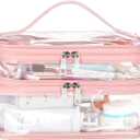 HAOGUAGUA Double Layer Clear Cosmetic Bag Makeup Bag, Waterproof Travel Toiletry Bag, Transparent PVC Pouch Organizer (Pink Large) (EXP 02/04/26)