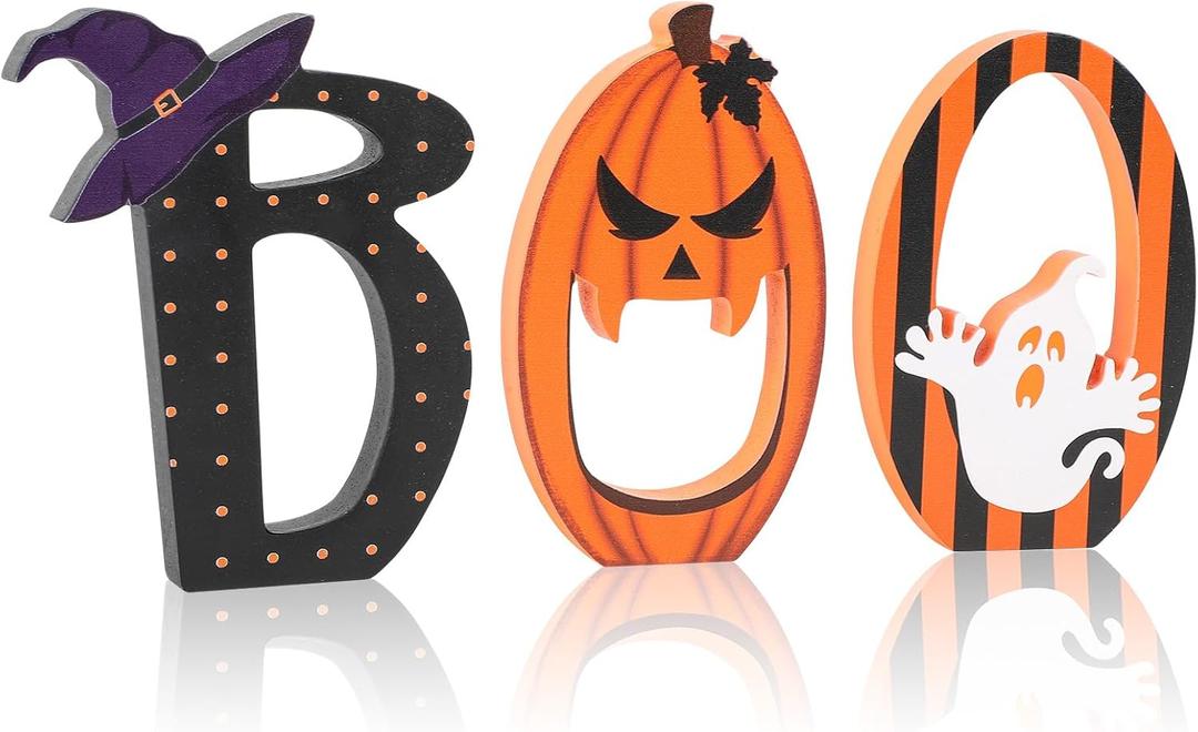 COCHIE BOO Signs Halloween Table Decorations Indoor, Retro Halloween Black Orange Tiered Tray Decor Set of 3, Wooden Happy BOO Day Decoration Sign for Party Home Shelf Display (Ghost)