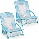 2 x Low Beach Chairs 2 Pack,Folding Compact Low Seat Chairs for Adults w/Mesh Back,Cup Holder & Storage Bag,Heavy Duty Chair for Outdoor Sand,Travel,Camping,Picnic,Blue Strip