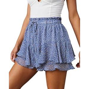 NILOINE Summer Shorts for Women Boho Chiffon Skirts Flowy High Waist Double Layer Floral Ruffles Casual Running Butterfly Shorts（Blue Floral, Medium）