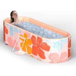 Portable Bathtub for Adults 59" Large Foldable No-Installation Soaking Tub for Shower Stall, Collapsible Standing Plunge Bath with Lid, 5-Layer Insulated Liner, Fast Drain (Pink, 59"21.6"19.6")