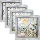 Set of 4 Boho Wall Mirrors with Carved Floral Design, 12x12 Inch Rustic Farmhouse Accent Mirrors, Vintage Style Shatterproof Square Mirror Decor for Living Room, Bedroom(Grey)