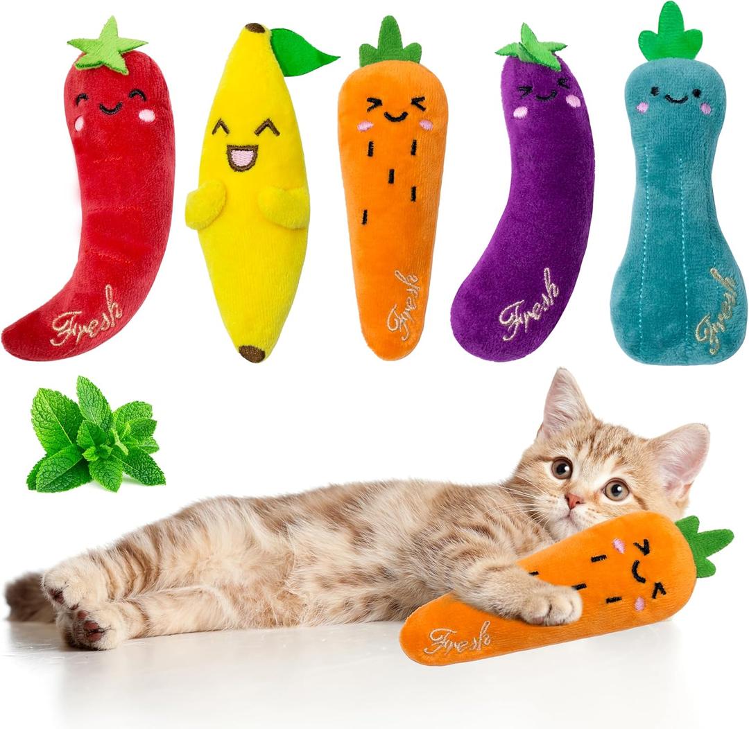 Seyezo Catnip Toys for Indoor Cats, 5 Pack Cat Toys for Cats, Fluffy Catnip Toys for Chewing Playing, Interactive Kitten Toys, Catnip Filled Kitty Chew Teething Toys, Cat Chew Toys, Vegetable,5 pcs