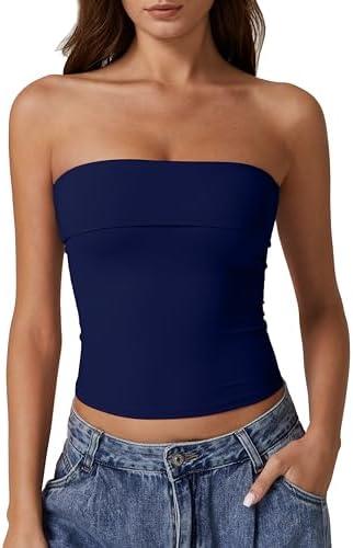 QINSEN Women's Tube Tops Strapless Bandeau Tops Double Lined Slim Fit Summer Going Out Tank Tops Size S