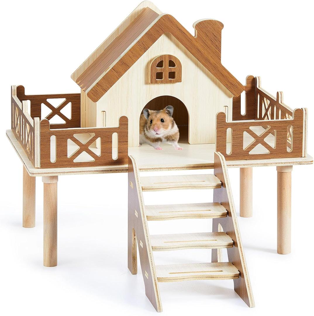 Wooden Hamster Platform and Dwarf Hamster House, Hamster Cage Platform With Climbing Ladder, Cute Syrian Hamster Hideout, Hamster Cage Accessories Platform for Putting Food Bowl, Hamster Gerbil Castle
