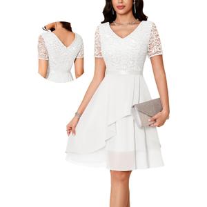 MUADRESS Women's Wedding Guest Dress for Cocktail 2026 A-Line Lace Sequin Chiffon Prom Dresses with V-Neck Short Sleeves (White, L)