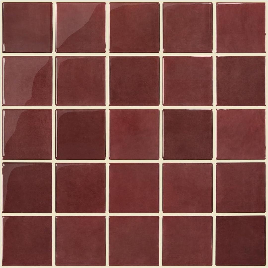 Thicker Dark Red Peel and Stick Backsplash Tiles-10 pcs of 12" x 12"-3D Adhesive Glossy Square Panels Stick on Backsplash Tiles for Kitchen,Bathroom, Vinyl, Waterproof, Interior Wall Tiles