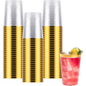 Goodluck 50PCS 10oz Gold Plastic Cups for Party, Disposable Gold Rim Cups, Plastic Cocktail Glasses for Wedding Thanksgiving, Christmas, and Parties