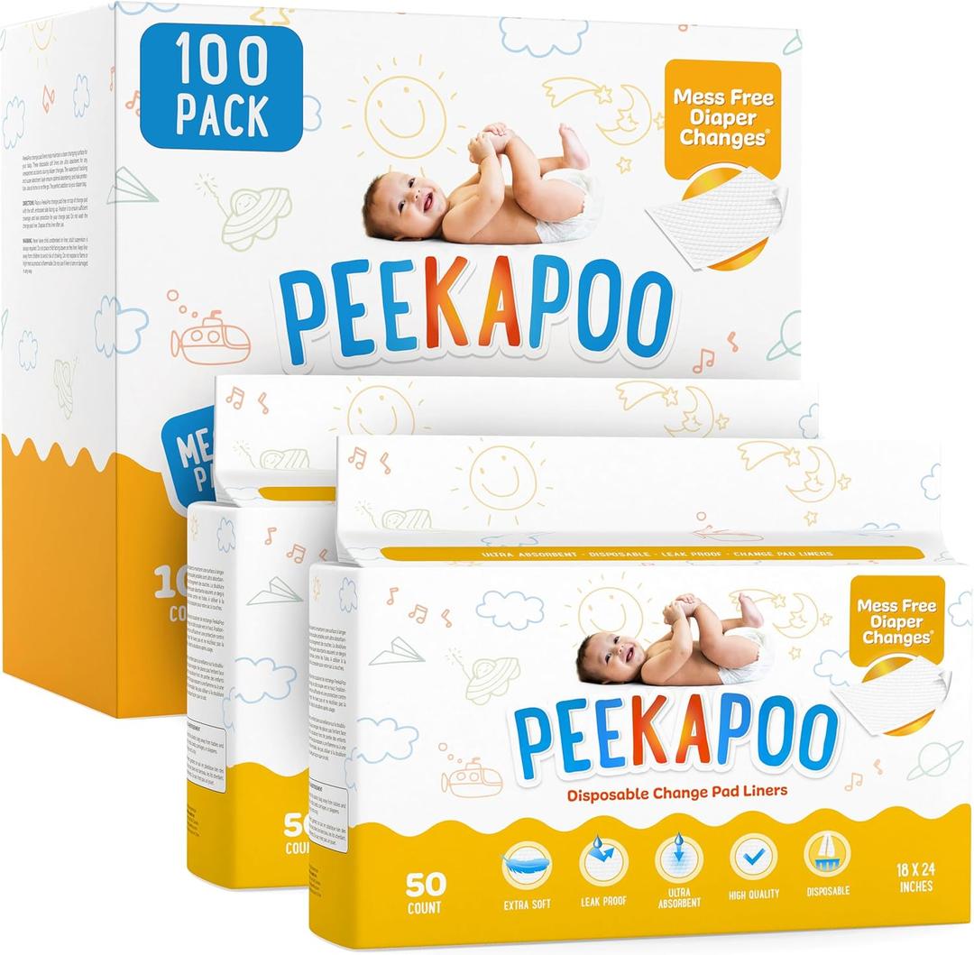 Peekapoo - The Original Disposable Baby Changing Pad Liners  100 Pack | Super Soft, Waterproof, Ultra Absorbent | Portable, Travel-Friendly, Mess-Free Diaper Changes Anywhere