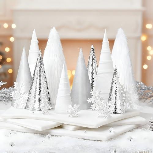 Knitgrip 24 Pcs Large Cone Christmas Trees with Snowflakes Set, 14'' 11'' 8'' Christmas Tree Tabletop Decor & Wooden 3D Snowflake Table Centerpiece for Gifts Winter Home Decorations (Black, White)