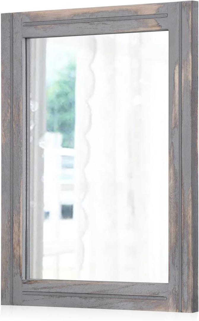 AAZZKANG Wood Framed Mirror Rectangular Rustic Wall Mirrors Decorative Large 20"x16" for Farmhouse Bathroom Living Room Bedroom Grey