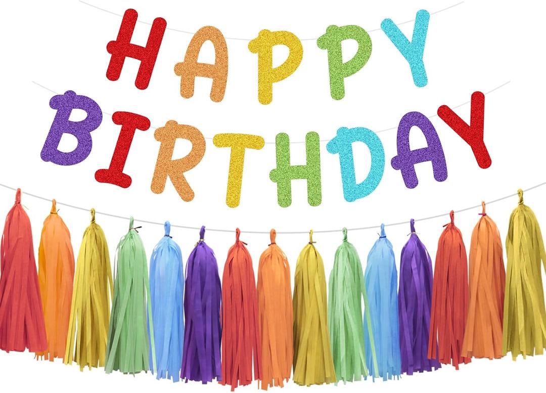 Rainbow Happy Birthday Banner and Paper Tassel Garland for Colorful Rainbow Birthday Party Decorations