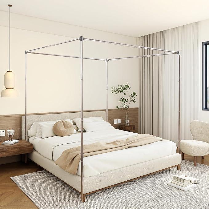 Canopy Bed Frame Queen Size Stainless Steel Canopy Poles for Bed, Canopy Bed Curtains Queen Bed Canopies & Drapes for 4 Corner Metal Bed Wood Bed Bedroom Decor