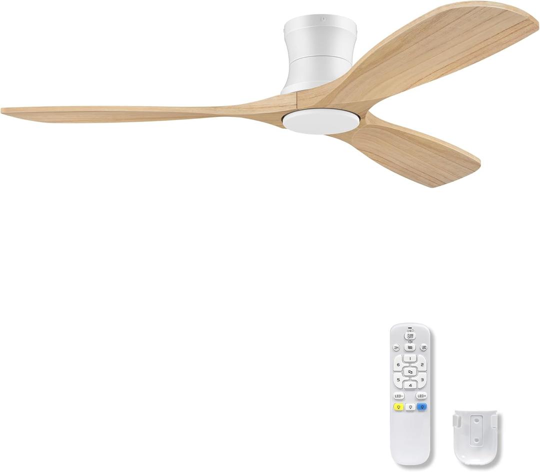 52" Flush Mount Ceiling Fans with Lights and Remote,6 Speeds DC Reversible,Dimmable,Noiseless,White& Light Wood blades Low Profile Ceiling Fans for Bedroom Living Room Patio,Modern Indoor/Outdoor, 52-Remote Control