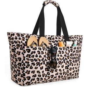 Extra Large Beach Bag Waterproof Beach Totes Bags for Women, Lightweight Foldable Pool Bag with Zipper Wet Compartment (Leopard)
