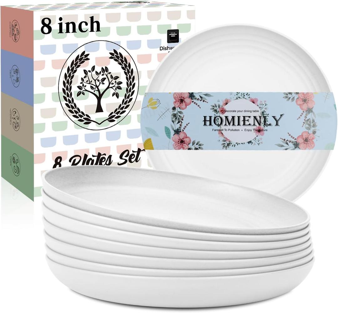 Homienly Wheat Straw Plates, 8 Inch Dessert Plates Set of 8, Unbreakable White Round Plate - Alternative to Plastic Plates, Lightweight Microwave and Dishwasher Safe Plate Set for Camping - White