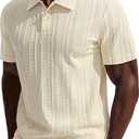 PJ PAUL JONES Mens Polo Shirts Short Sleeve Casual Dress Shirts Textured Knit Polo Collared Golf Shirts Fashion Tops (Beige, L)