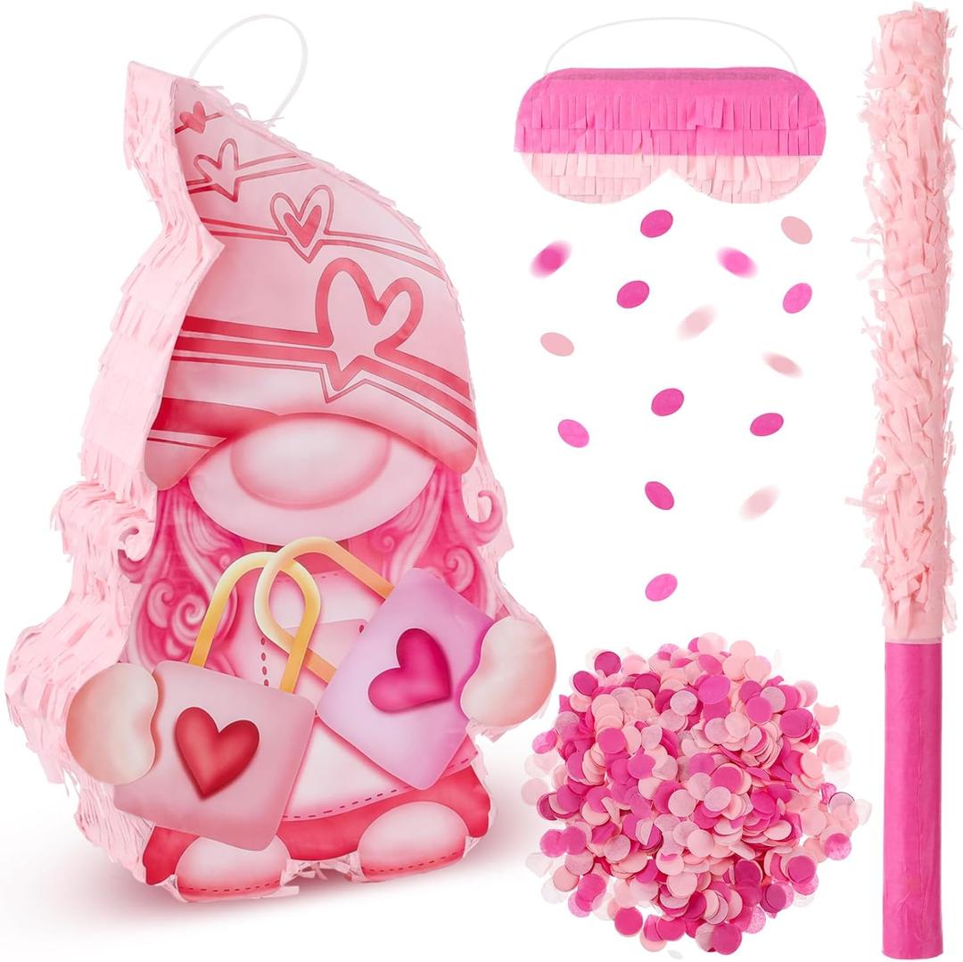 Valentines Day Piata for Women Galentine's Day Gift Pink Gnome with Blindfold Confetti Tapping Stick Romantic Birthday Wedding Party Decoration, 16 x 10 Inch
