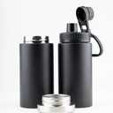 BENTO BOTTLE - Stainless Steel Vacuum Insulated Coffee & Water Bottle, Hot & Cold Beverages - Easy Drink Lid, 32 Fl Oz (900 mL) (Two 16 Fl Oz) Drink Compartments and Solid Storage Base (Black)