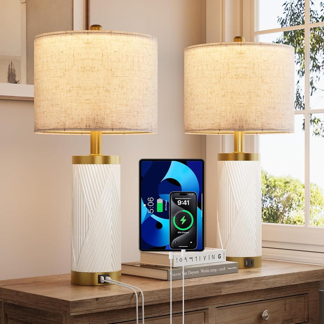 24.5" Modern Ceramic Table Lamp Set of 2 for Living Room, Table Lamps with USB Ports for Bedroom Set of 2 Farmhouse Bedside Nightstand Bedside Lamp End Table Lamps, White