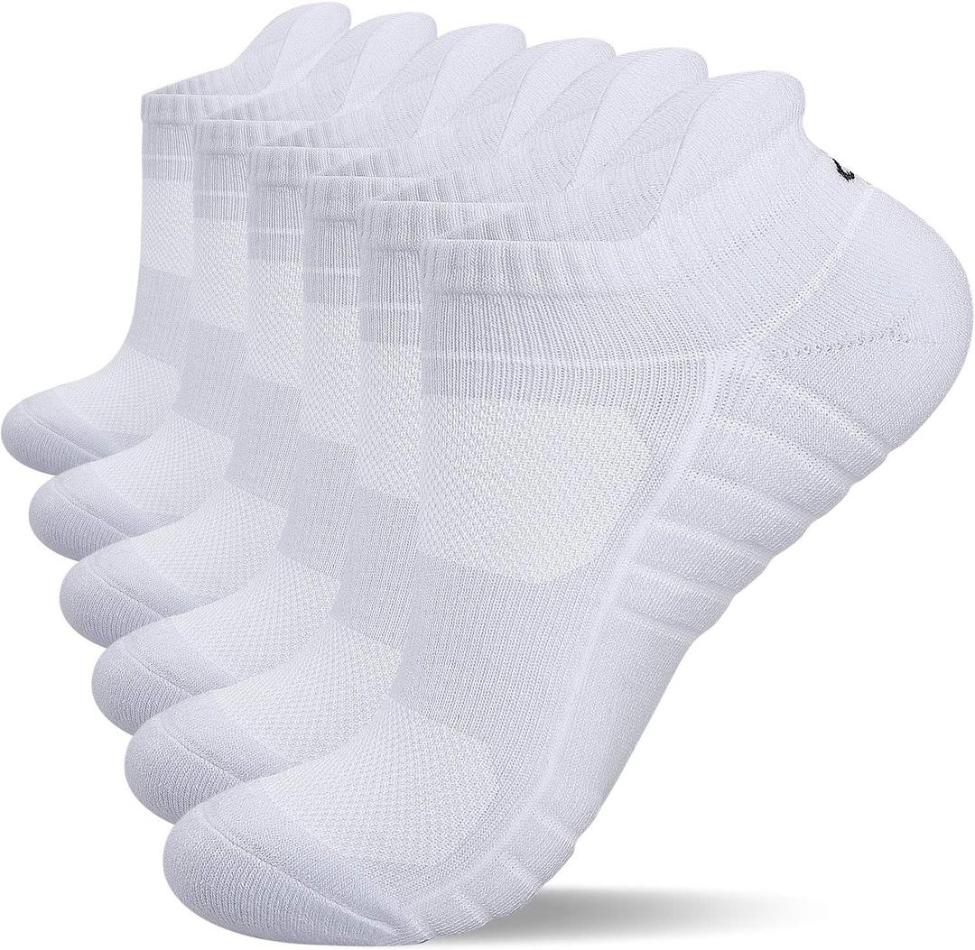 Lapulas Athletic Running Ankle Socks, Low Cut Cushioned Anti-Blister Tab Sports Socks Men Women 6Pairs (White, L)