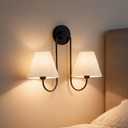 Linen Double Wall Sconce, Retro Swoop Wall Lamp with Aged Brass Metal Arms, 17" W x 16" D x 5" H
