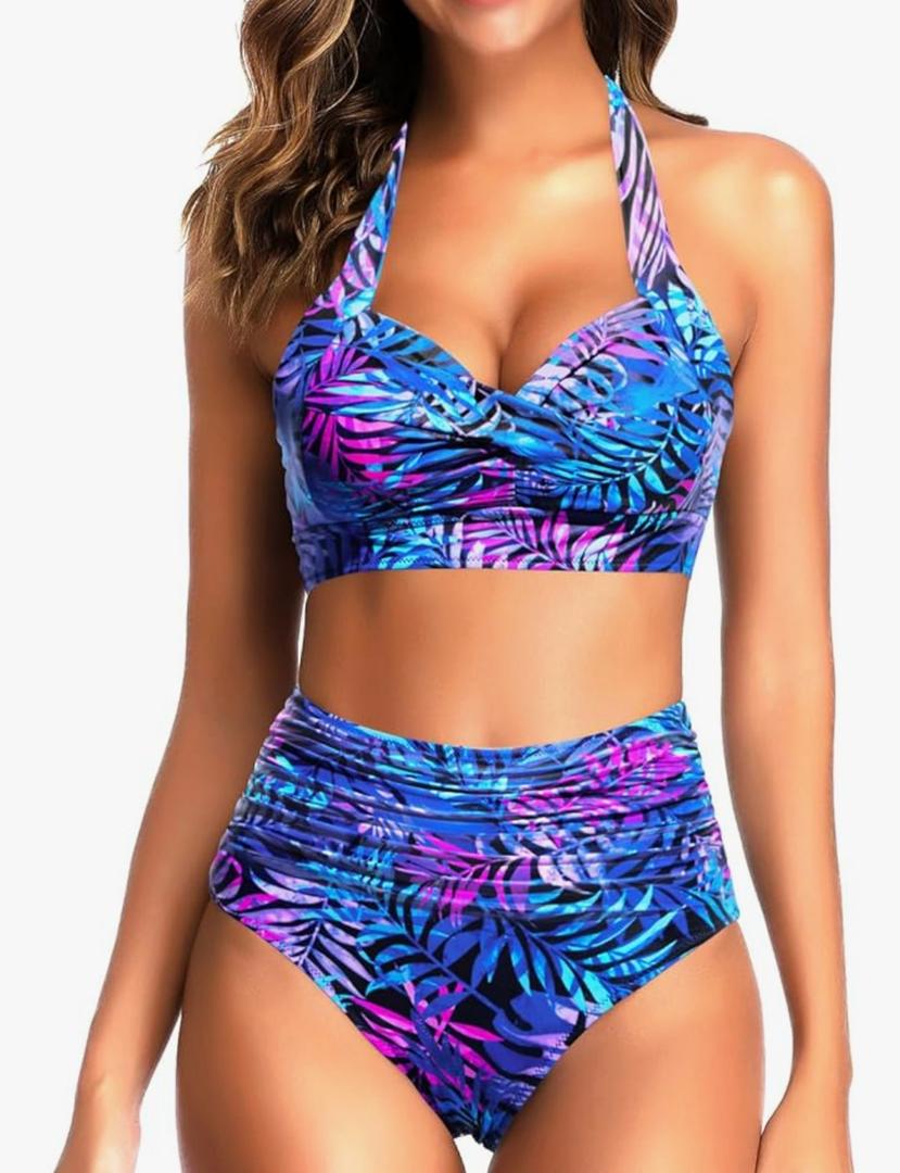 Tempt Me Women Two Piece Vintage Swimsuit Retro Halter Ruched High Waist Bikini with Bottom Size L
