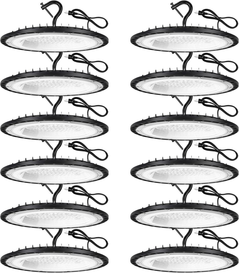 YANYCN 12 Pack 100W UFO Led High Bay Light Fixture, 5000K Daylight Commercial Shop Bay Lighting, 120v, 15000LM, [450W MH/ HPS Equiv.] US Plug Area Lighting for Warehouse/ Barn/ Gym/ Factory/ Workshop